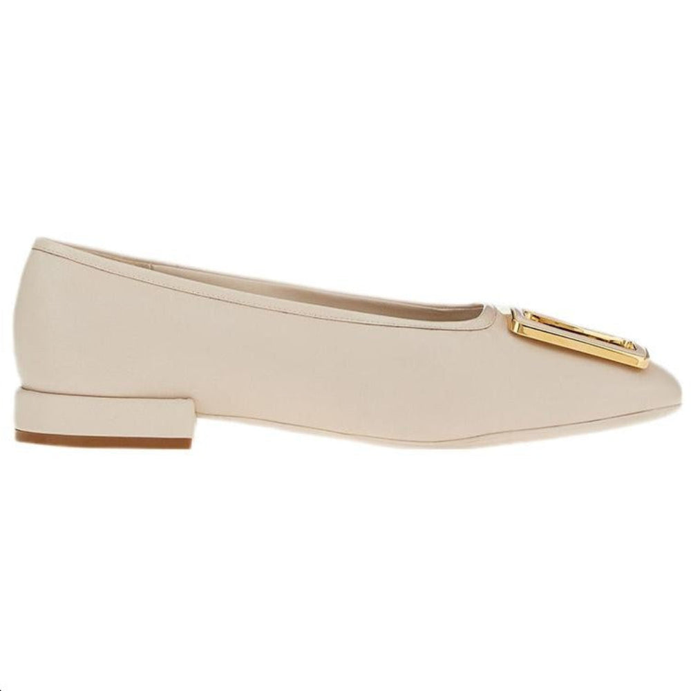 Salvatore Ferragamo Women's White and Beige Chunky-Buckle Ballerina Flats