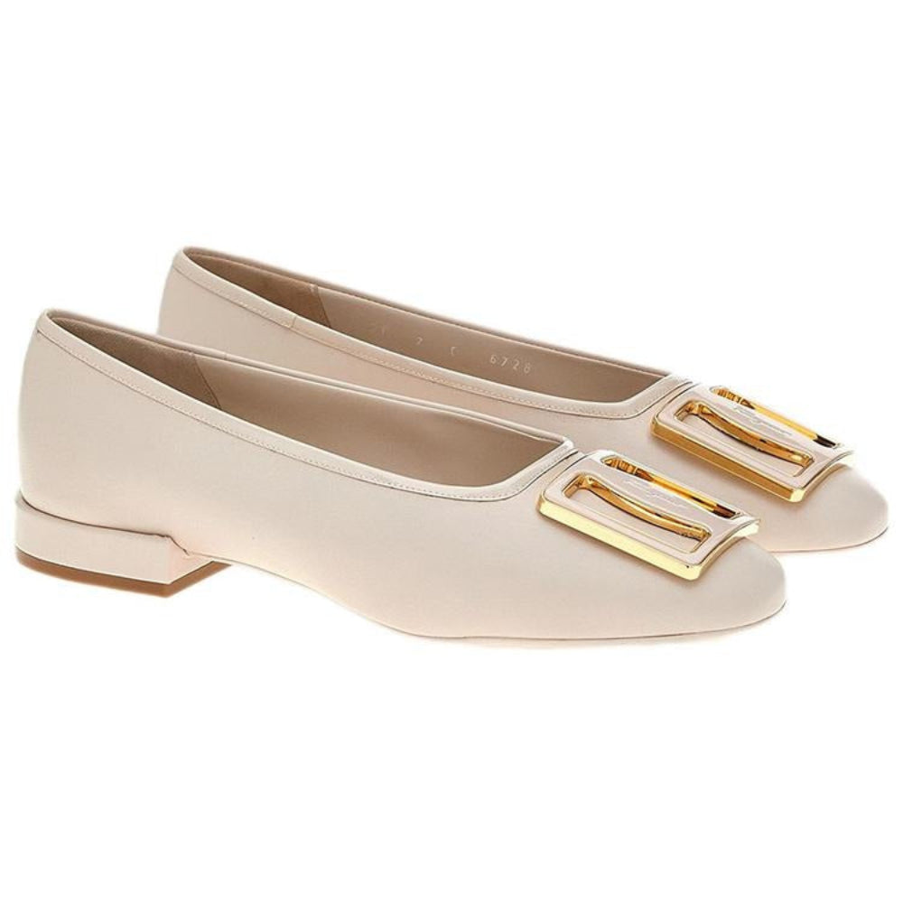Salvatore Ferragamo Women's White and Beige Chunky-Buckle Ballerina Flats