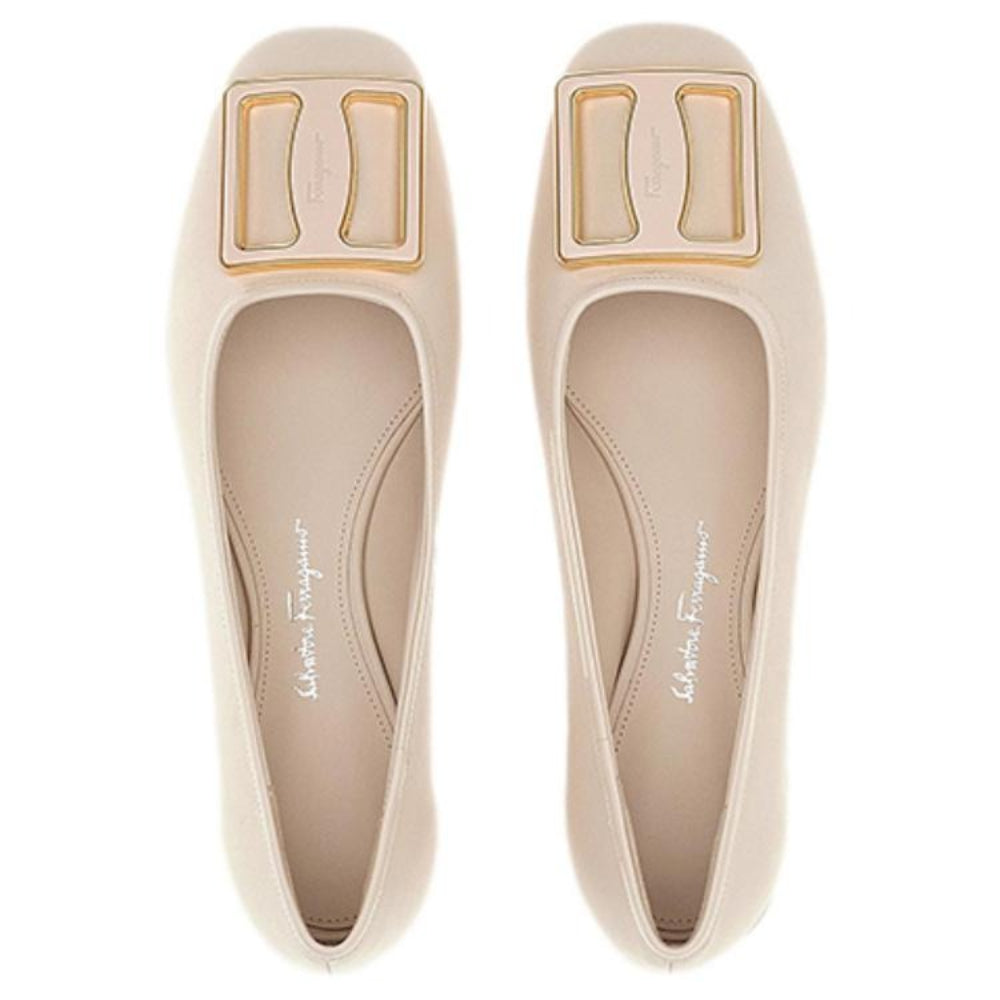 Salvatore Ferragamo Women's White and Beige Chunky-Buckle Ballerina Flats
