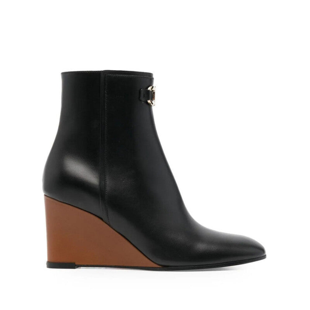 Salvatore Ferragamo Woman Black Gancini Plaque Leather Wedge Ankle Boots