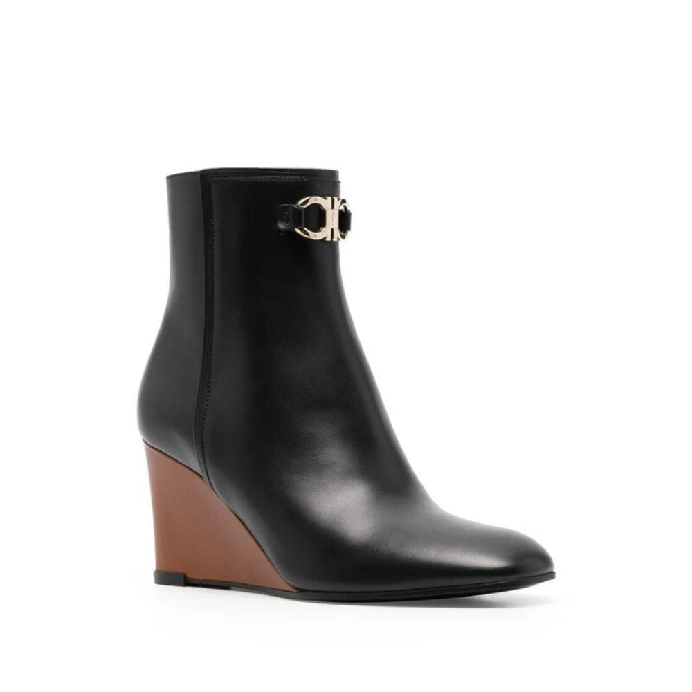 Salvatore Ferragamo Woman Black Gancini Plaque Leather Wedge Ankle Boots