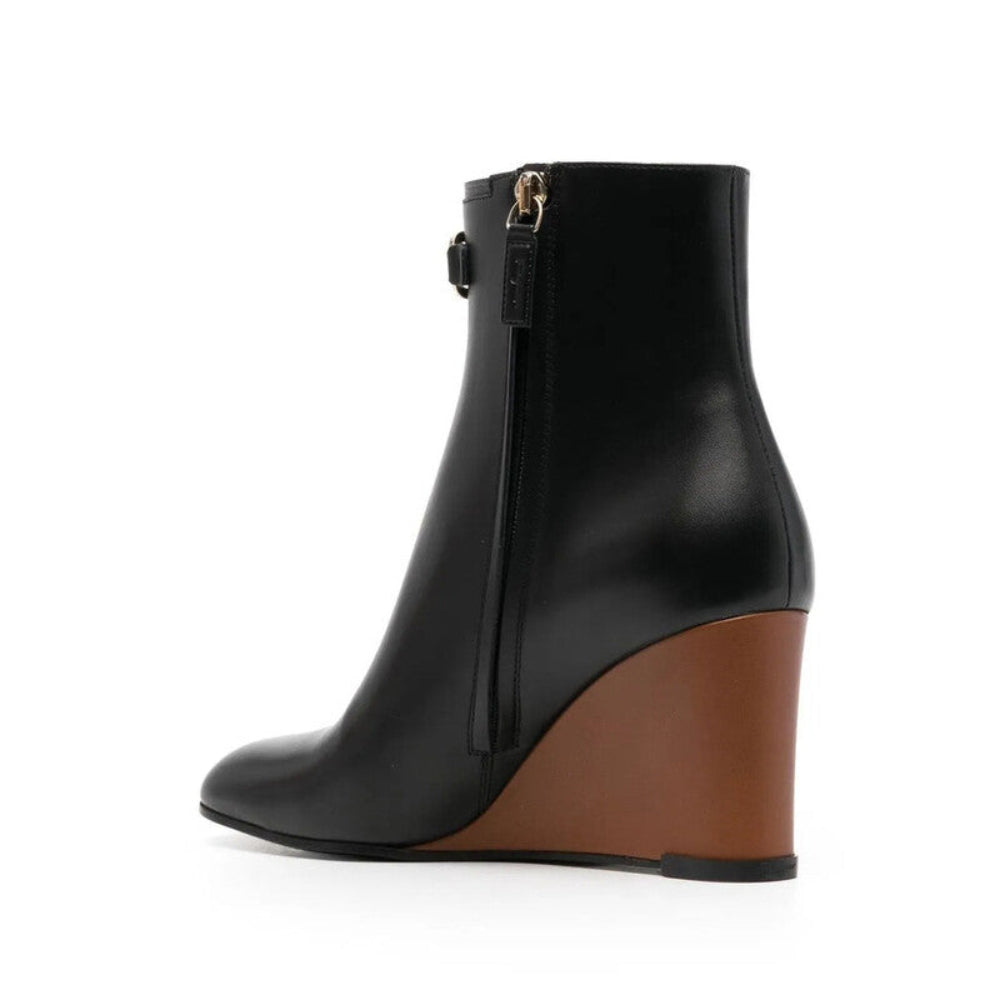 Salvatore Ferragamo Woman Black Gancini Plaque Leather Wedge Ankle Boots