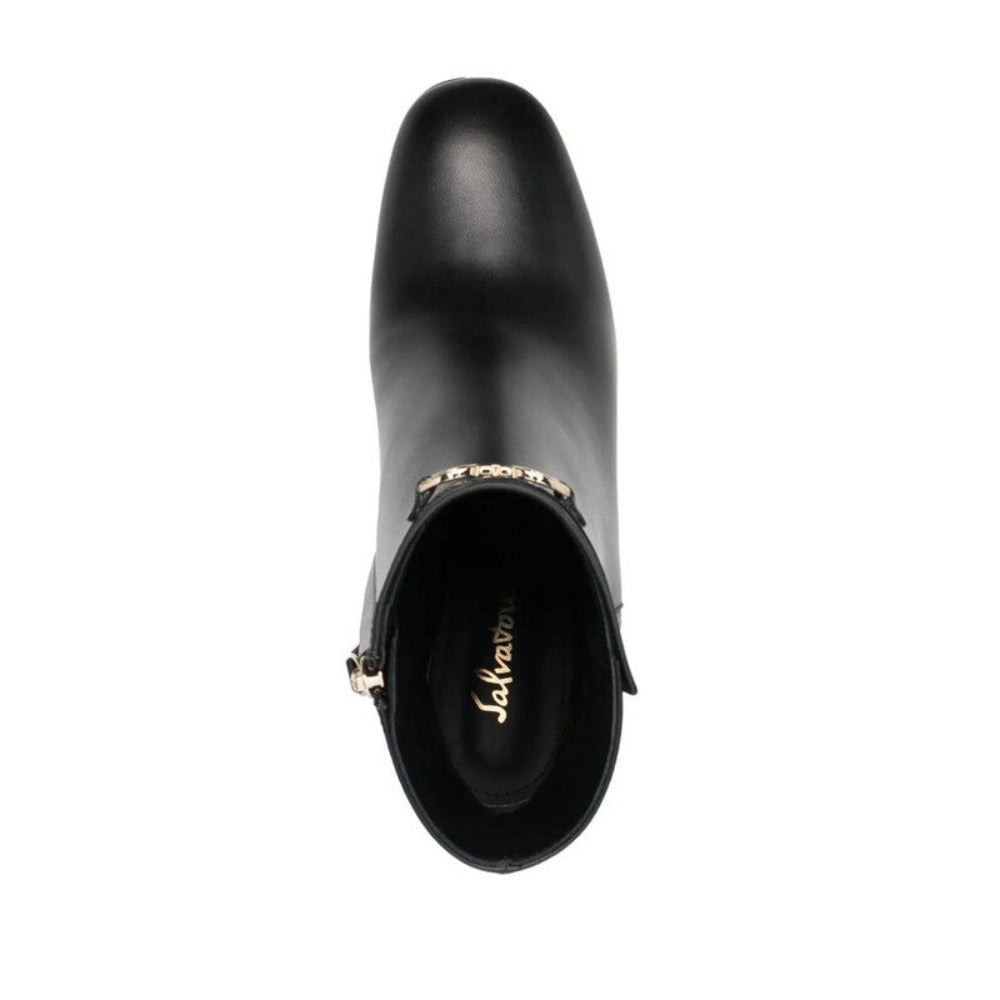 Salvatore Ferragamo Woman Black Gancini Plaque Leather Wedge Ankle Boots