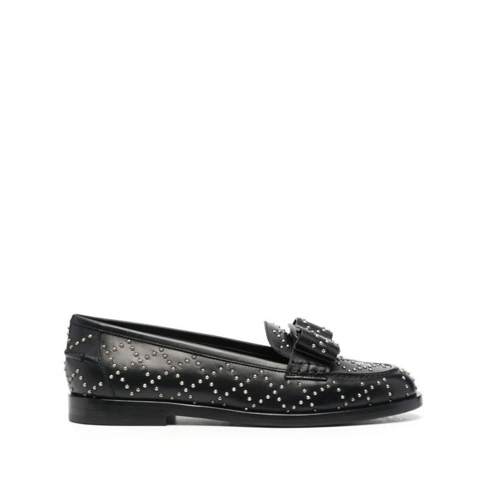 Salvatore Ferragamo Woman's Black Studded Bow Leather Loafers
