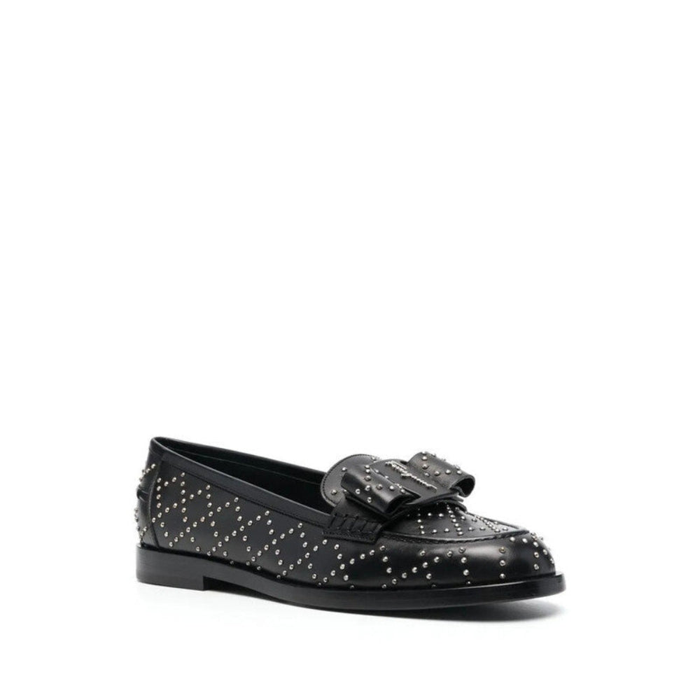 Salvatore Ferragamo Woman's Black Studded Bow Leather Loafers