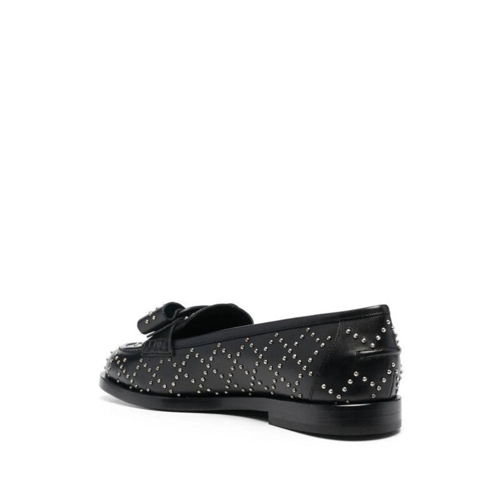 Salvatore Ferragamo Woman's Black Studded Bow Leather Loafers