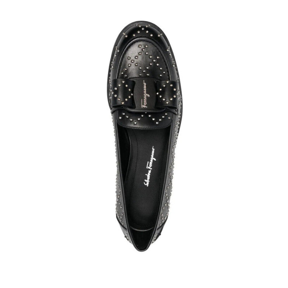 Salvatore Ferragamo Woman's Black Studded Bow Leather Loafers