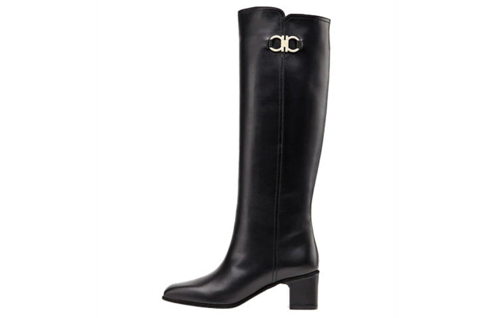 Salvatore Ferragamo Woman's Gancini Buckle Knee-High Black Boots