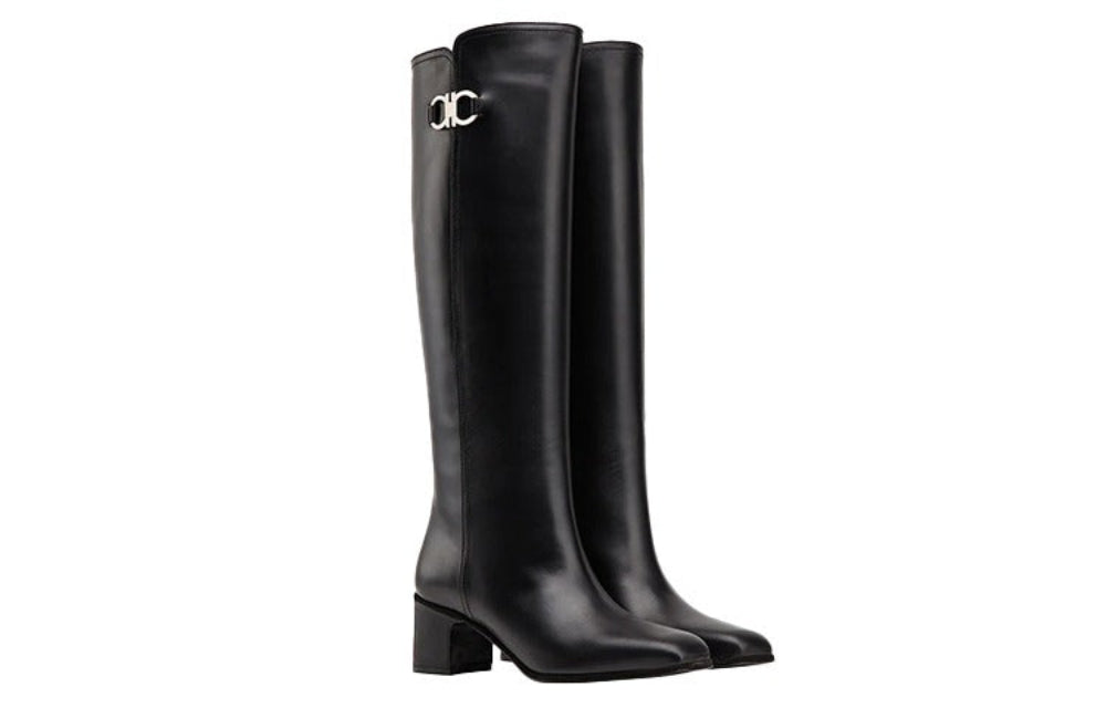 Salvatore Ferragamo Woman's Gancini Buckle Knee-High Black Boots