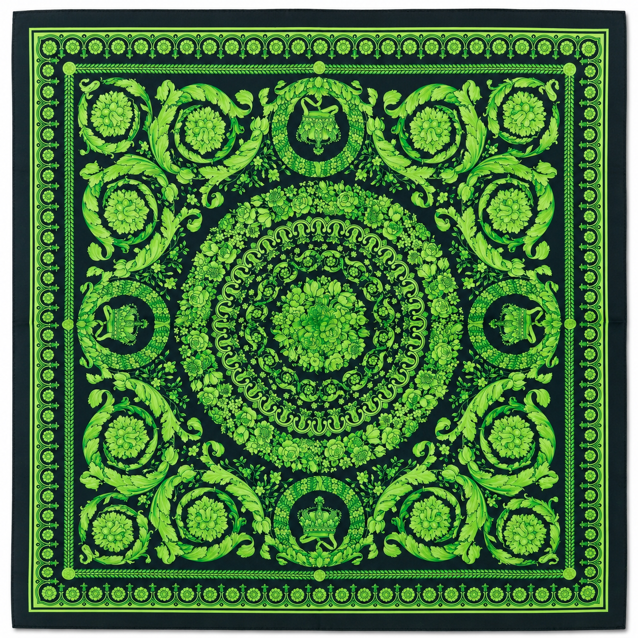 Versace Black/Neon Green Barocco Pattern Silk Scarf