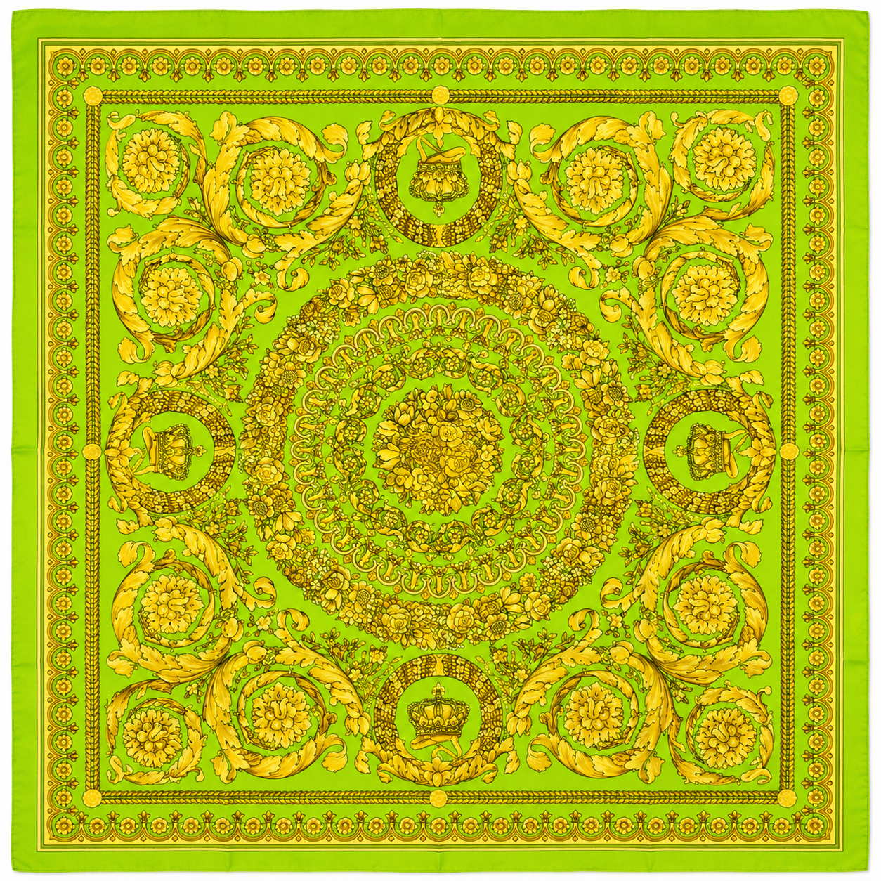 Versace Lime Green/Gold Barocco Pattern Silk Scarf