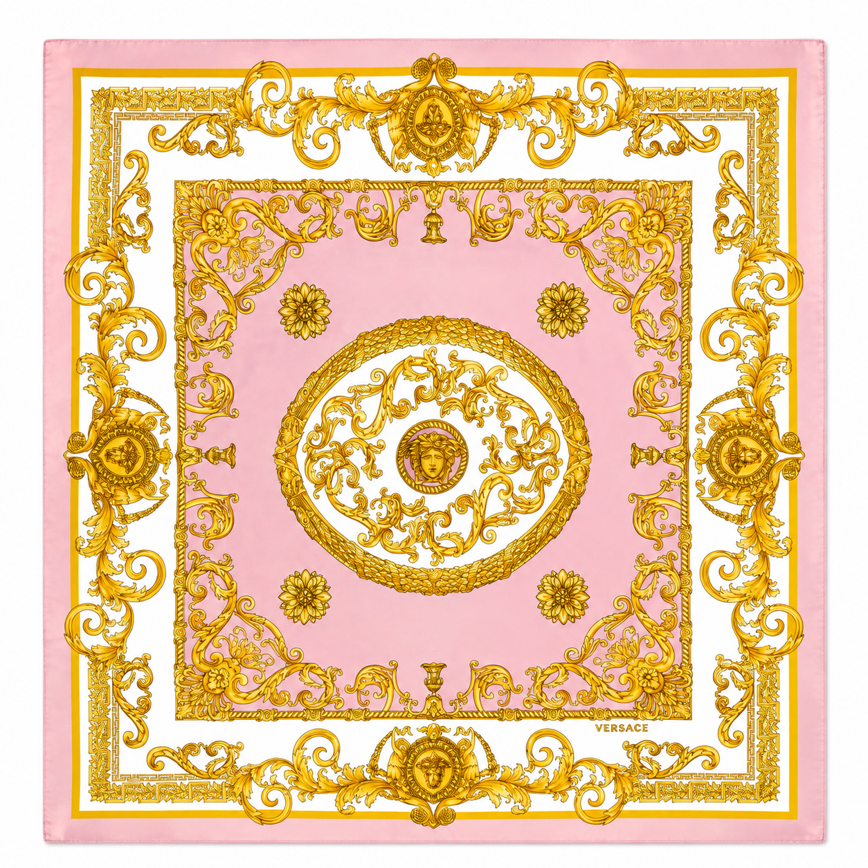 Versace Pink/White/Gold Barocco Pattern Silk Scarf