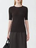 abiana Filippi Ribbed Crew Neck Lurex Platinum Sweater with 3/4 Sleeve - Brown