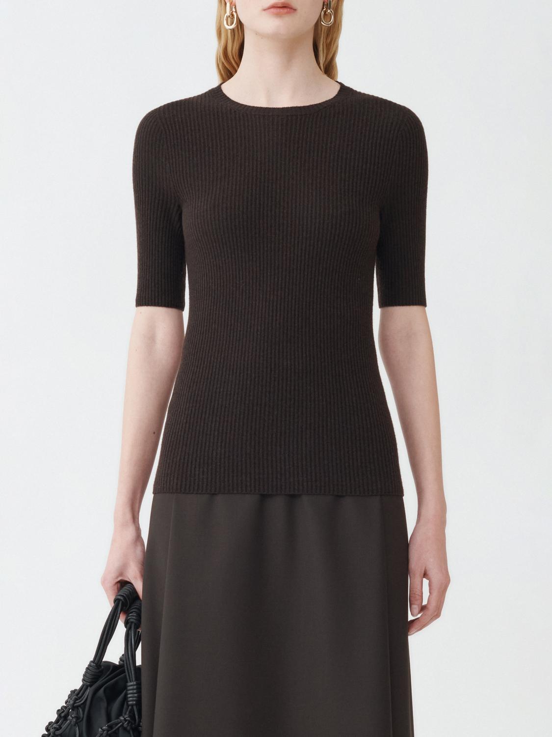 abiana Filippi Ribbed Crew Neck Lurex Platinum Sweater with 3/4 Sleeve - Brown