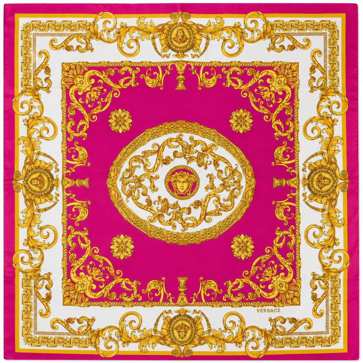 Versace Hot Pink/White/Gold Barocco Pattern Silk Scarf