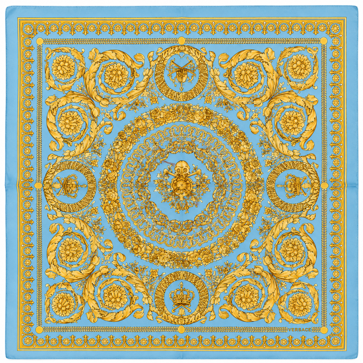 Versace Light Blue/Gold Barocco Pattern Silk Scarf