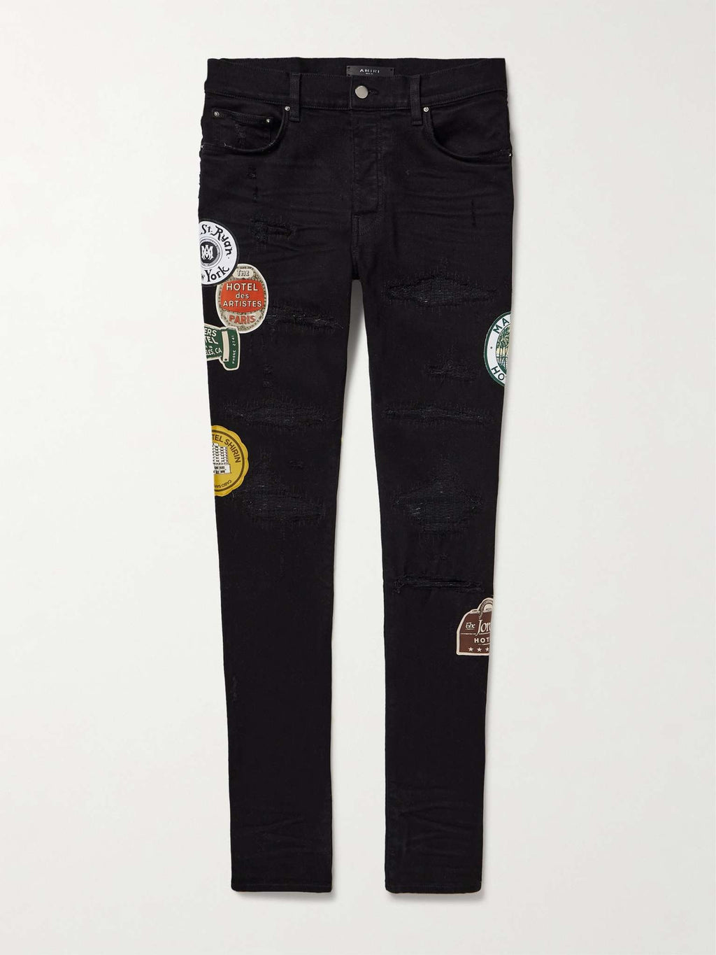AMIRI Skinny-Fit Appliquéd Black Distressed Jeans