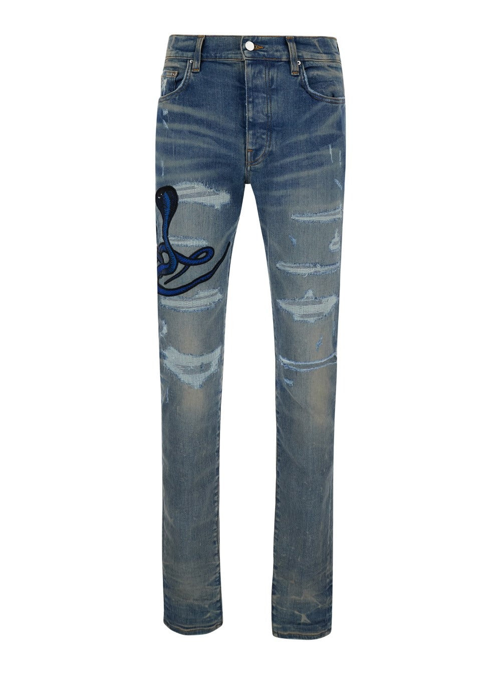 AMIRI Light Blue Snake Patch Skinny Ripped Jeans - 38