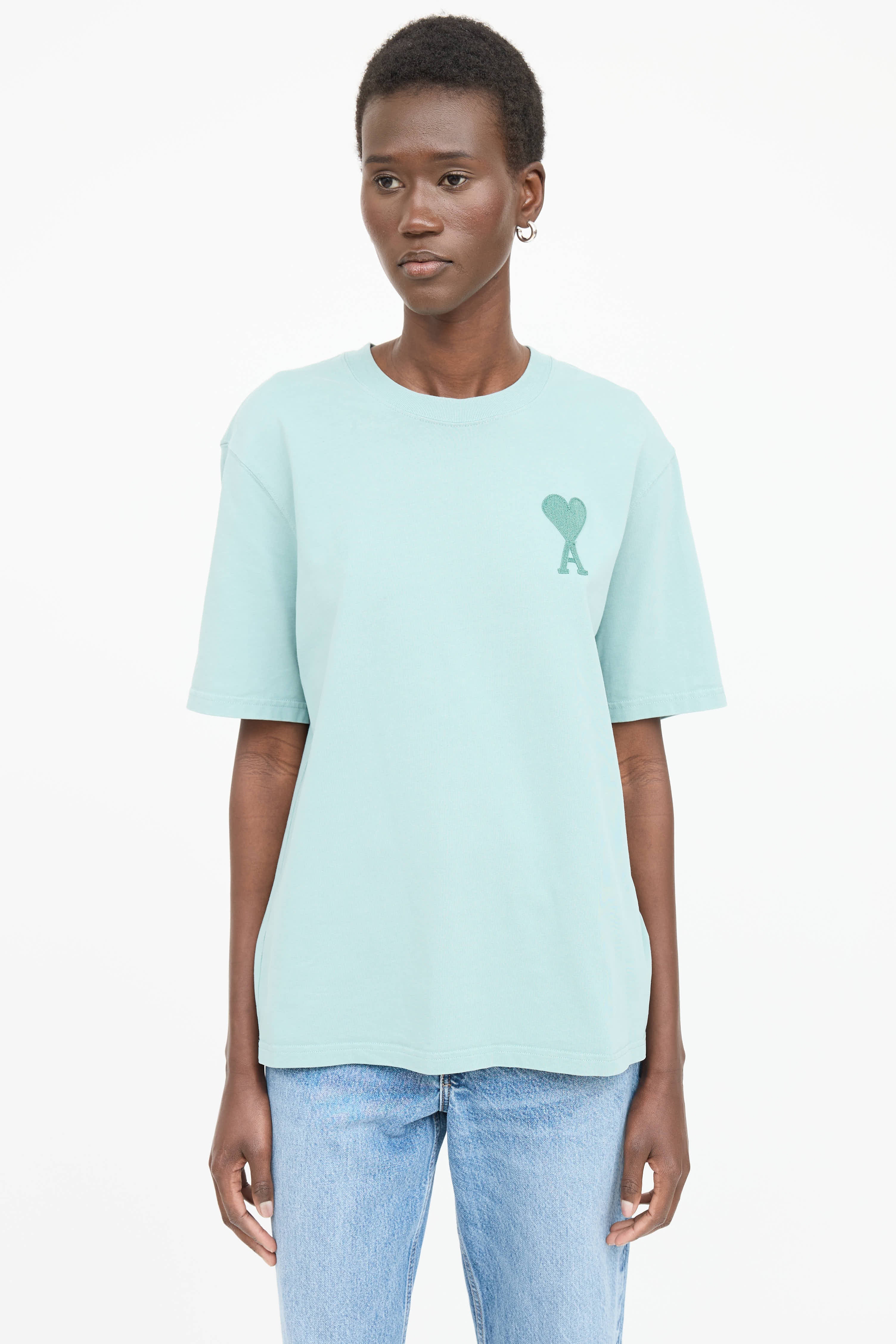 AMI Paris Women's Classic Logo T-Shirt in Light Blue Size M