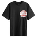 Black t-shirt with a small white skull and crossbones design on a white background