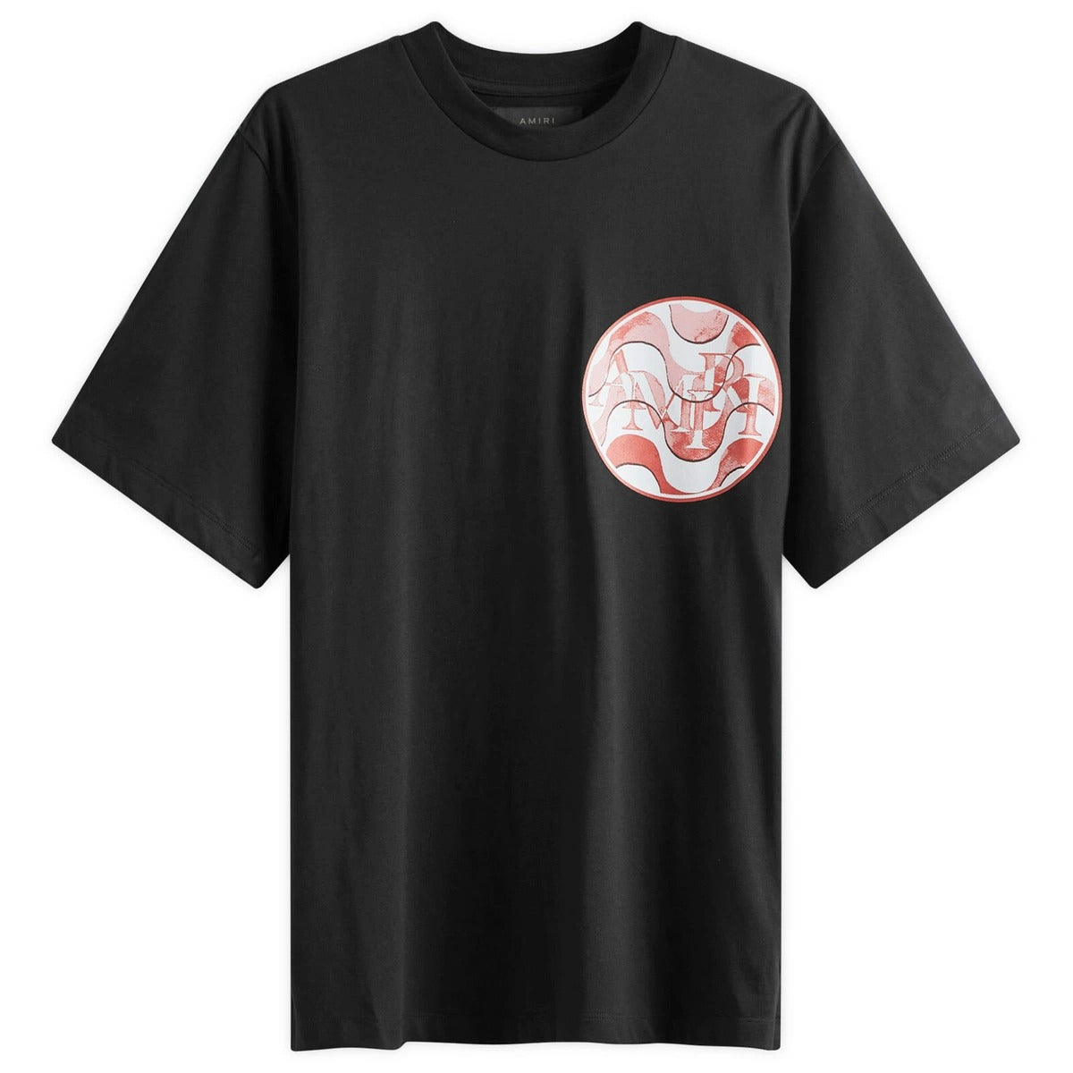Black t-shirt with a small white skull and crossbones design on a white background