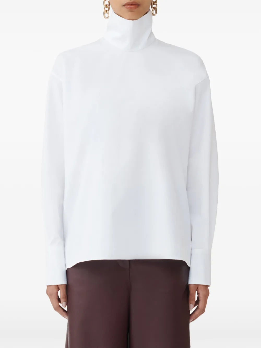 Fabiana Filippi Compact Poplin Mock Collar Shirt with Back Opening - White