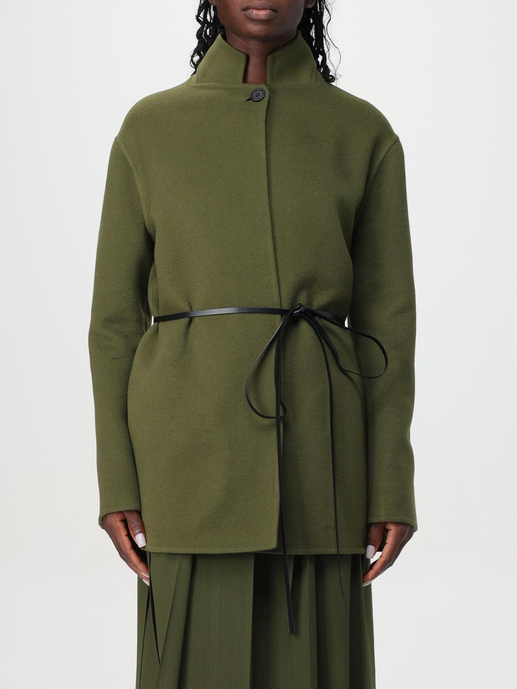 Fabiana Filippi Wool Cashmere Jacket with Stand-Up Collar and Leather Belt - Olive Green