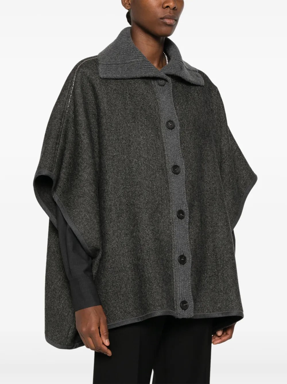 Fabiana Filippi Diagonal Double Cape with Knit Detail and Filo Diamante - Heather Grey