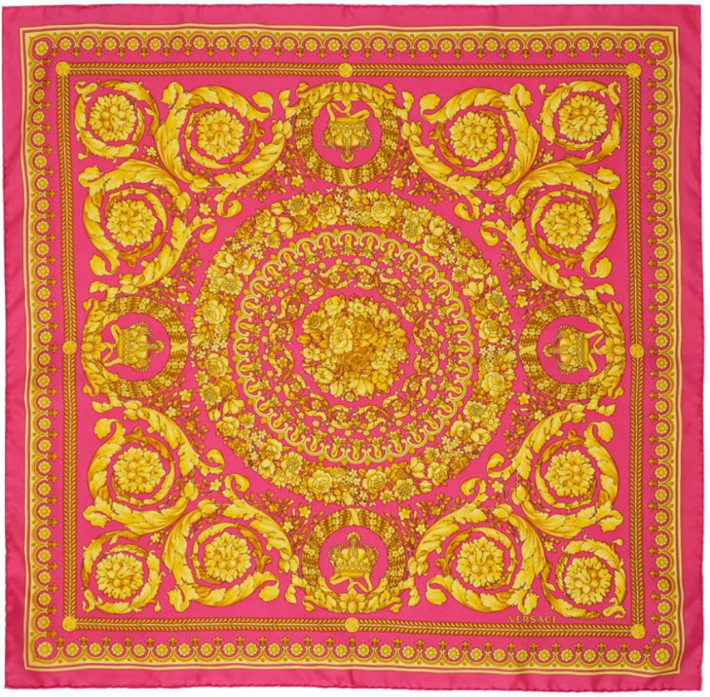 Versace Barocco Print Pink Gold Silk Satin Large Foulard Scarf