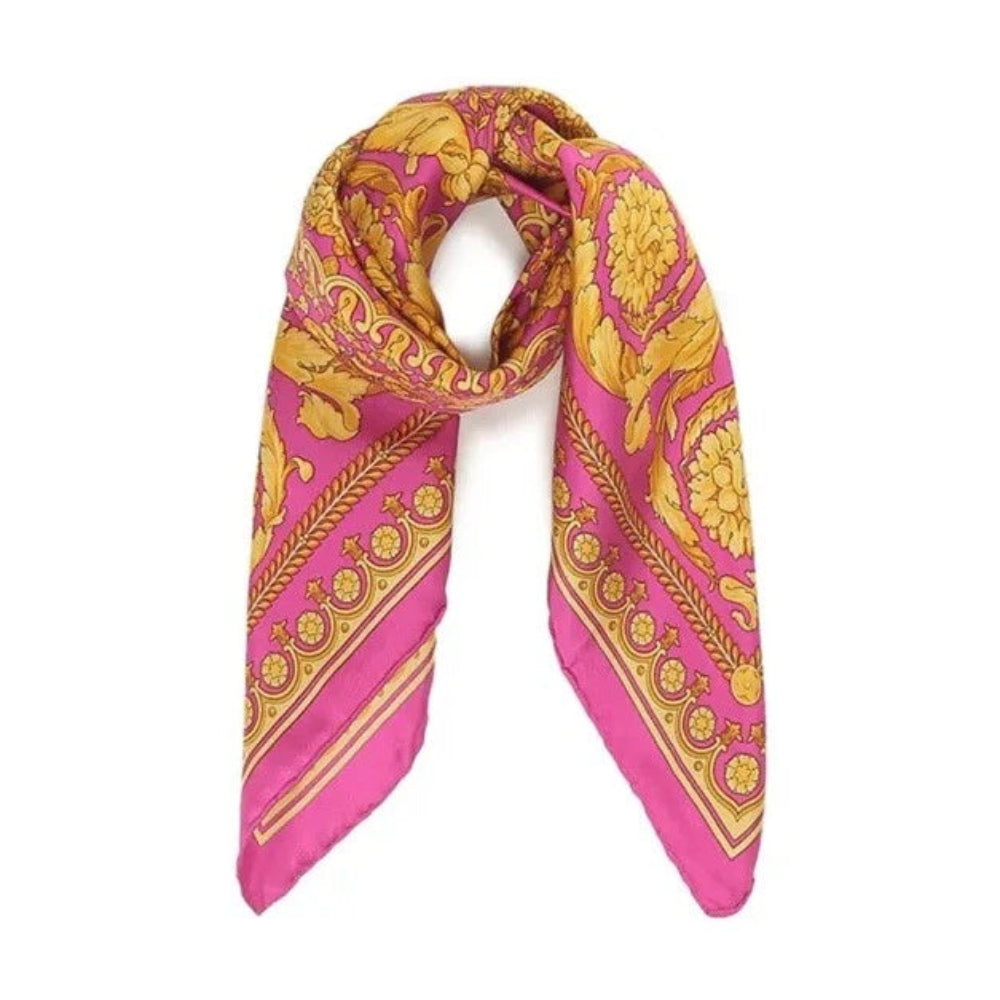 Versace Barocco Print Pink Gold Silk Satin Large Foulard Scarf
