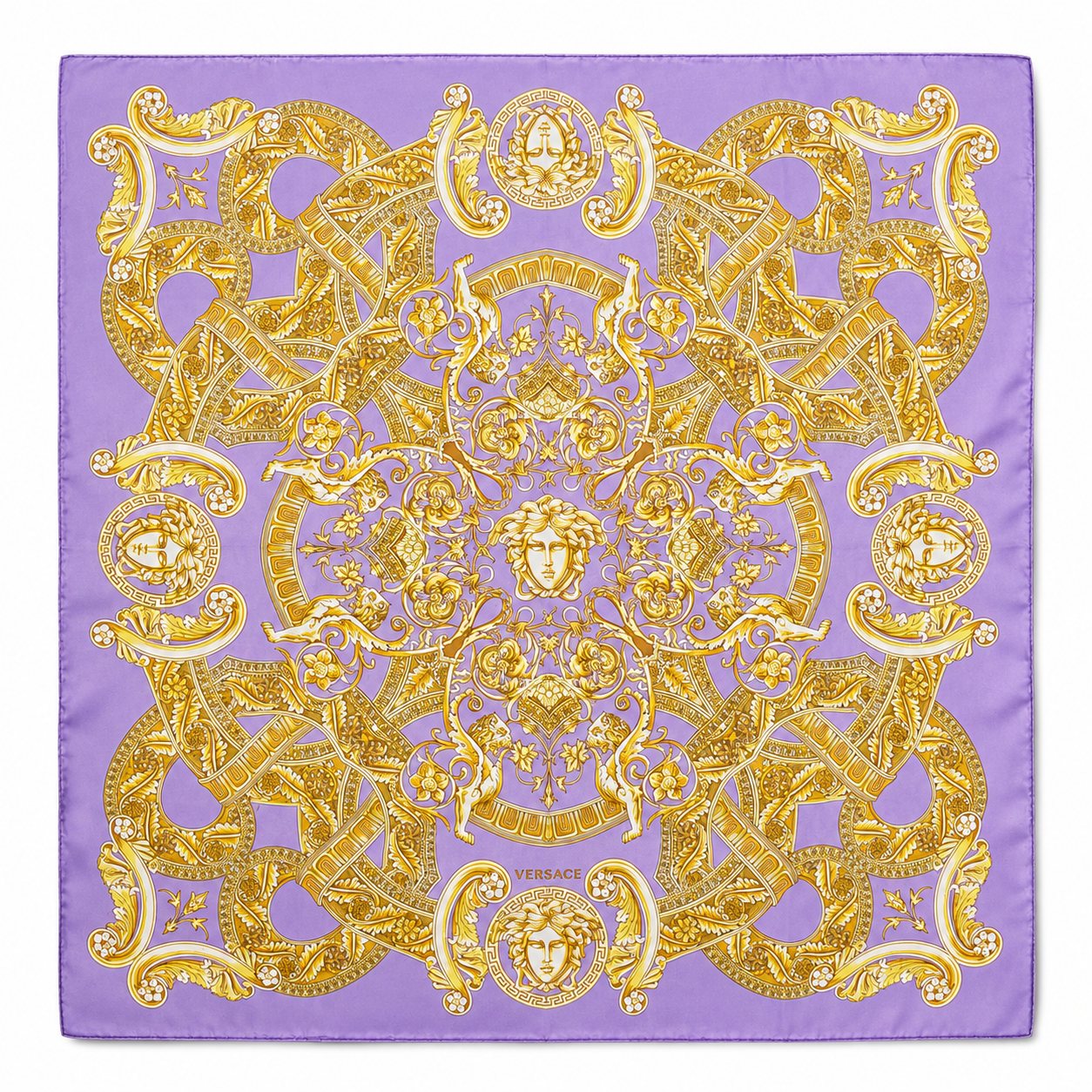 Versace Lavander/Gold Printed Silk Twill Scarf 90 cm