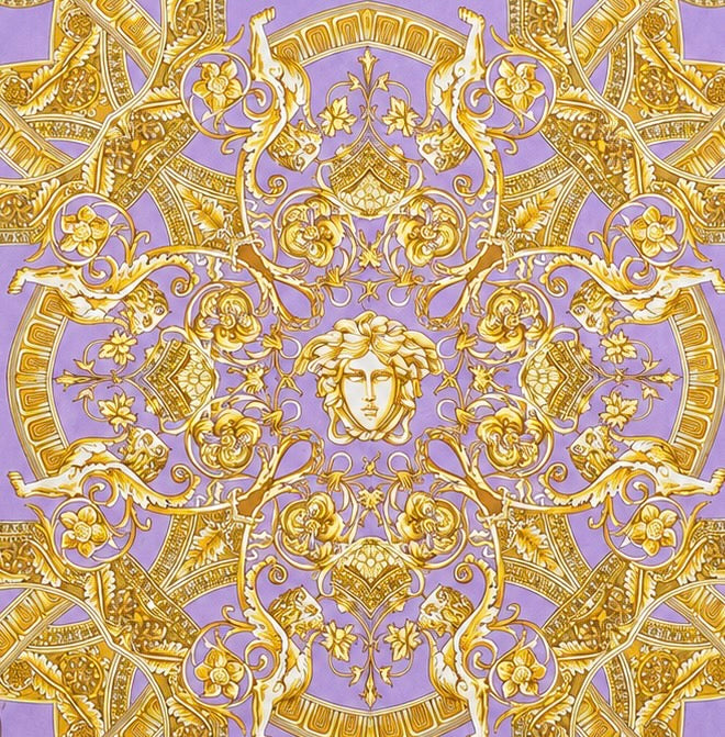 Versace Lavander/Gold Printed Silk Twill Scarf 90 cm