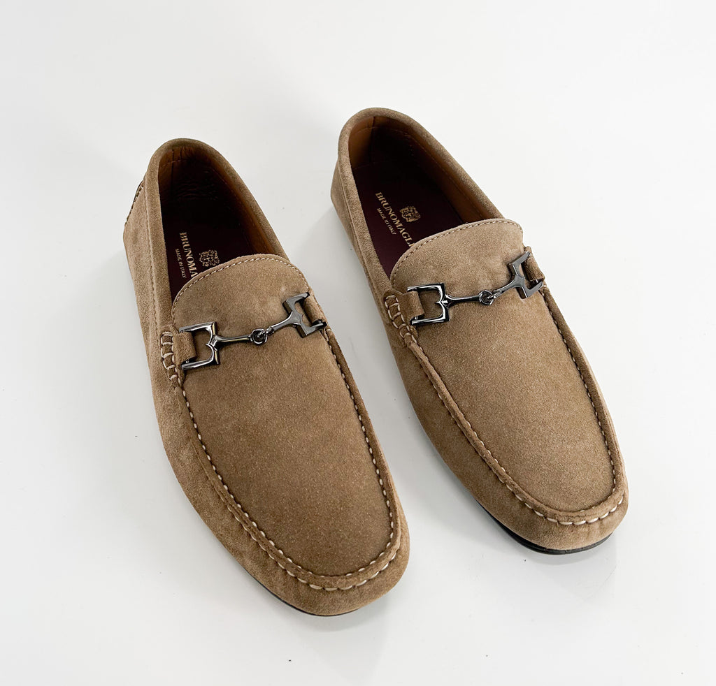 Bruno Magli Xander Taupe Suede Driver Moccasin Shoes