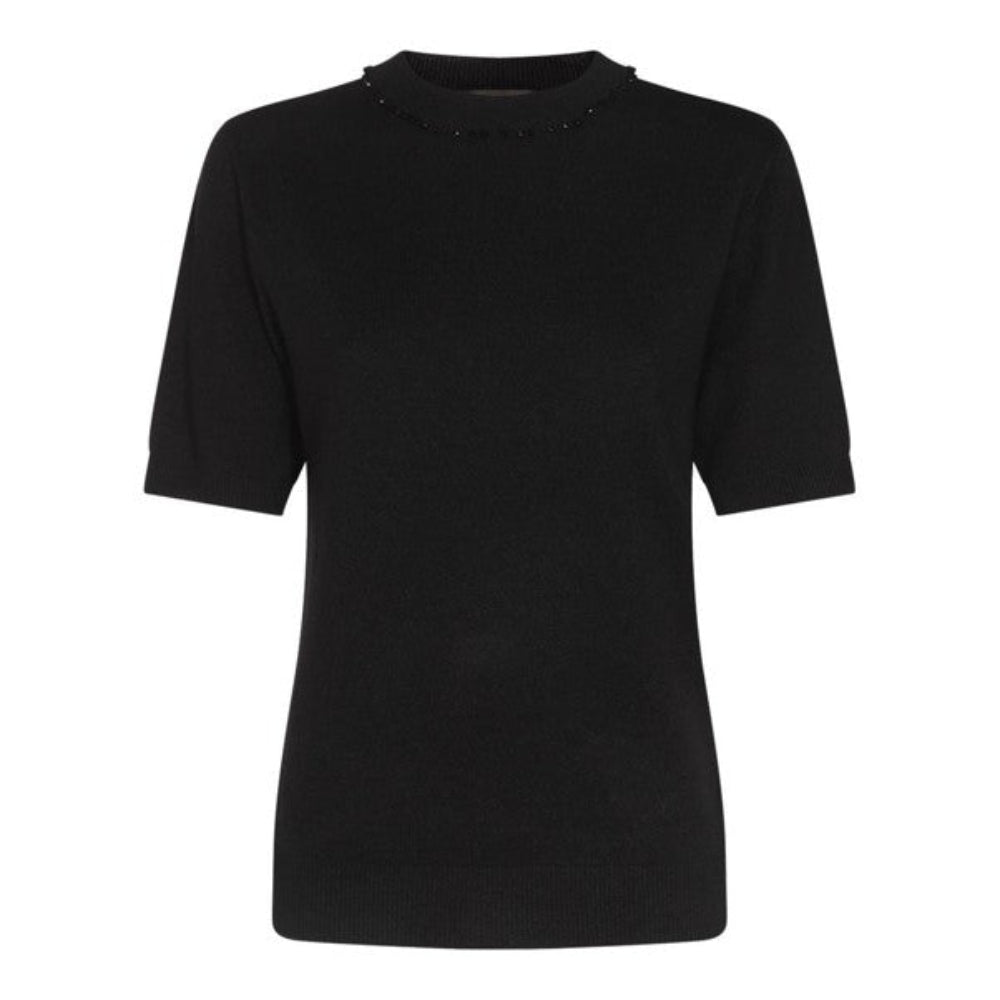 Fabiana Filippi Platinum Short Sleeve Sweater with Jais Piping on Collar - Black