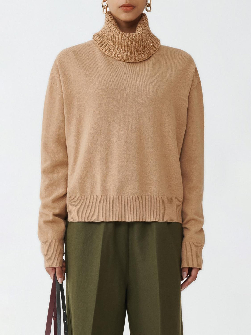 Fabiana Filippi Turtleneck Sweater with Sequin Collar - Light Tan