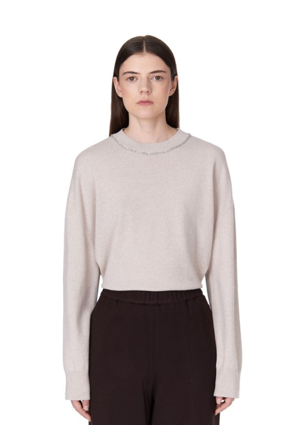 Fabiana Filippi Crew Neck Sweater with Sequin Trim Detail - Beige