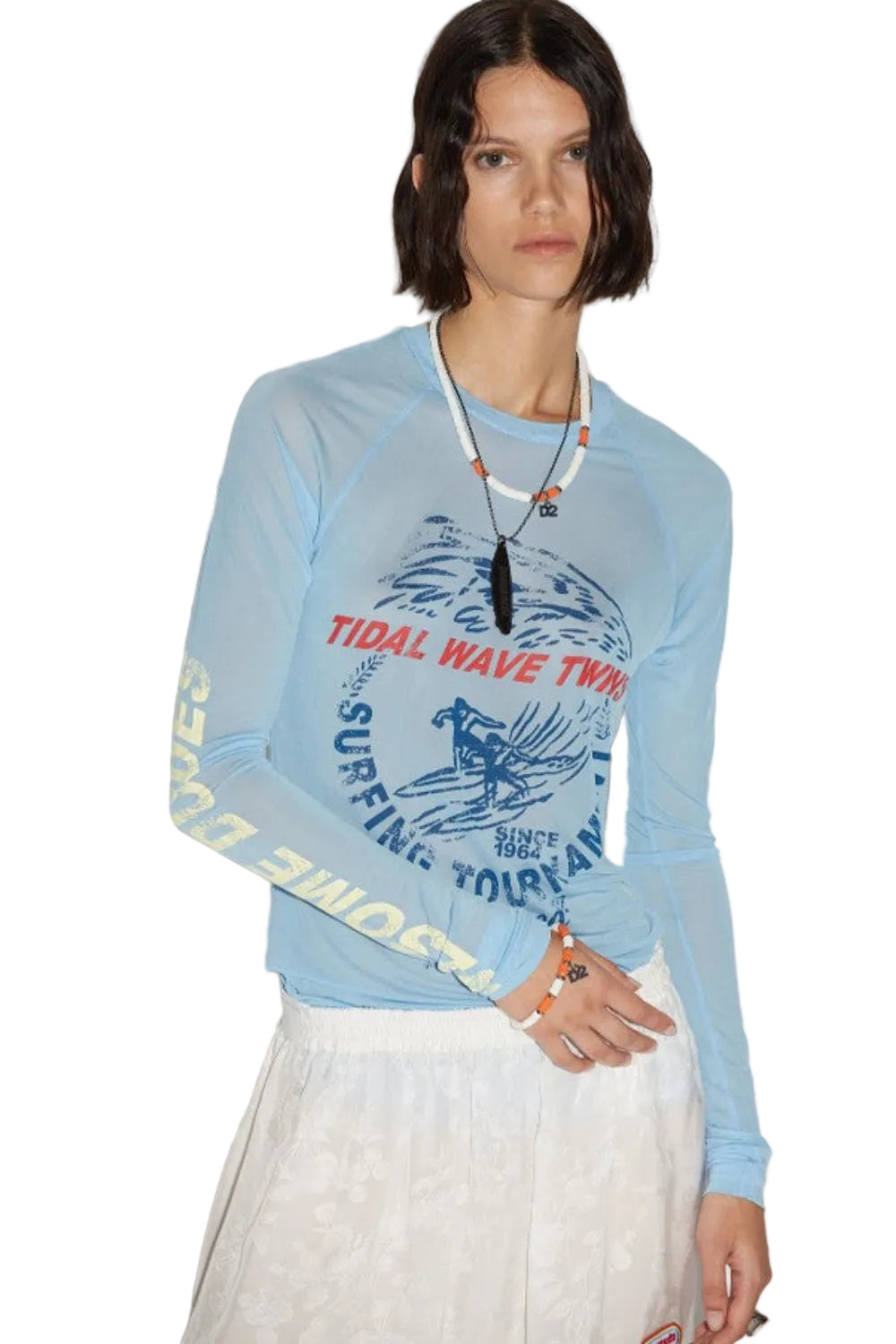 Dsquared2 Women's D2 Wave Twins Sheer Viscose Jersey Long Sleeve T-Shirt - Light Blue