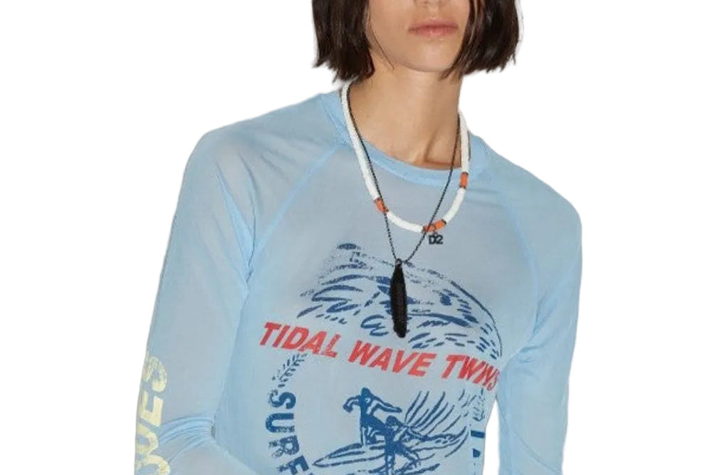 Dsquared2 Women's D2 Wave Twins Sheer Viscose Jersey Long Sleeve T-Shirt - Light Blue