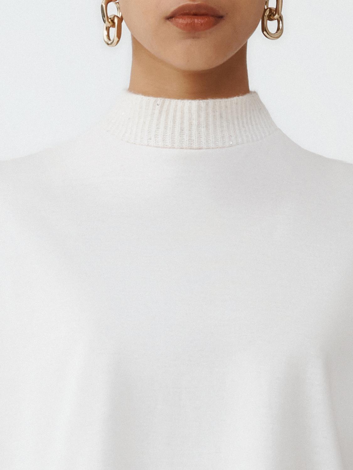 Fabiana Filippi Short Sleeve T-Shirt with Sequin Mock Collar - White