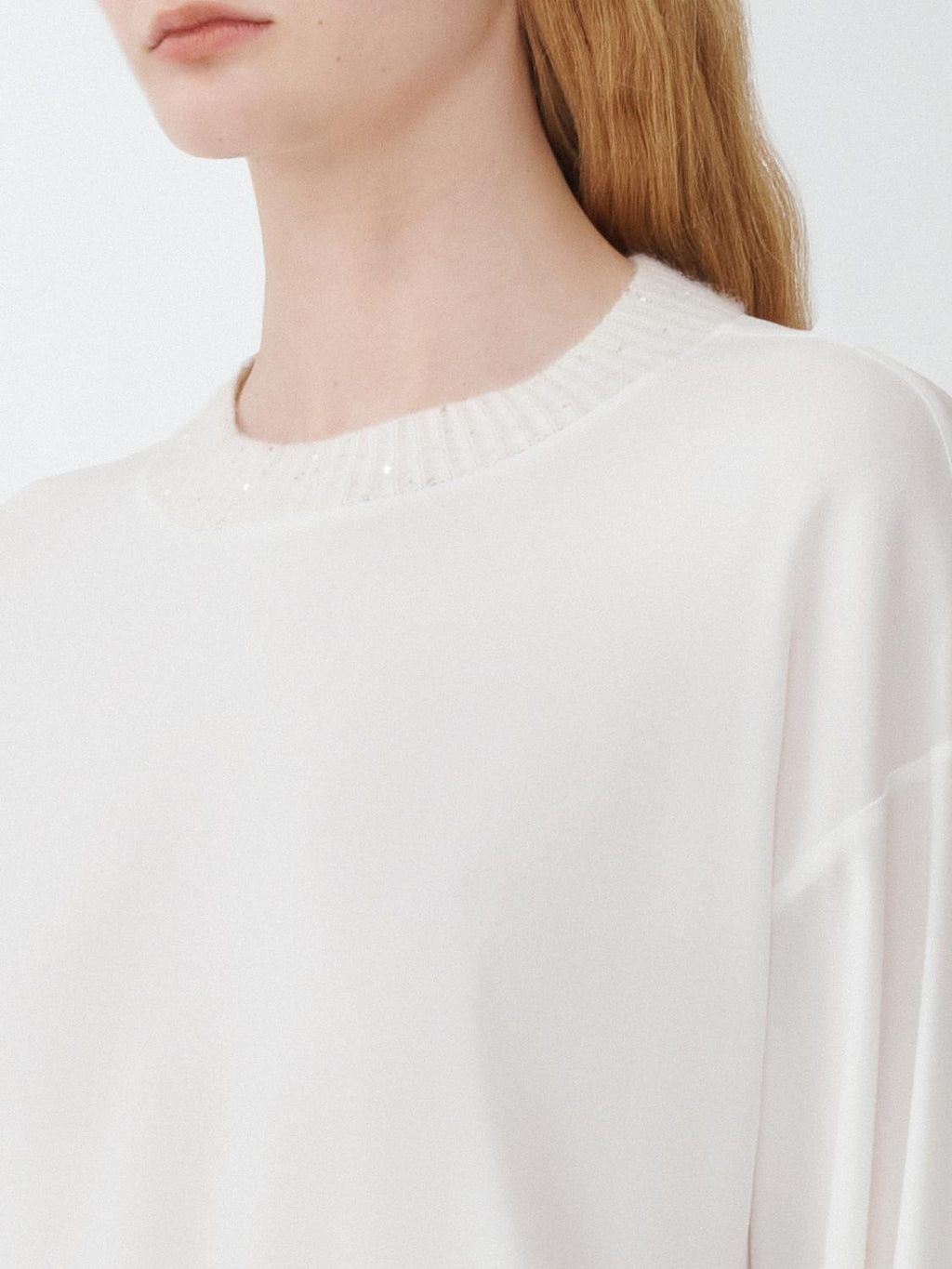 Fabiana Filippi Sablé Long Sleeve Top with Sequin Mock Collar - White