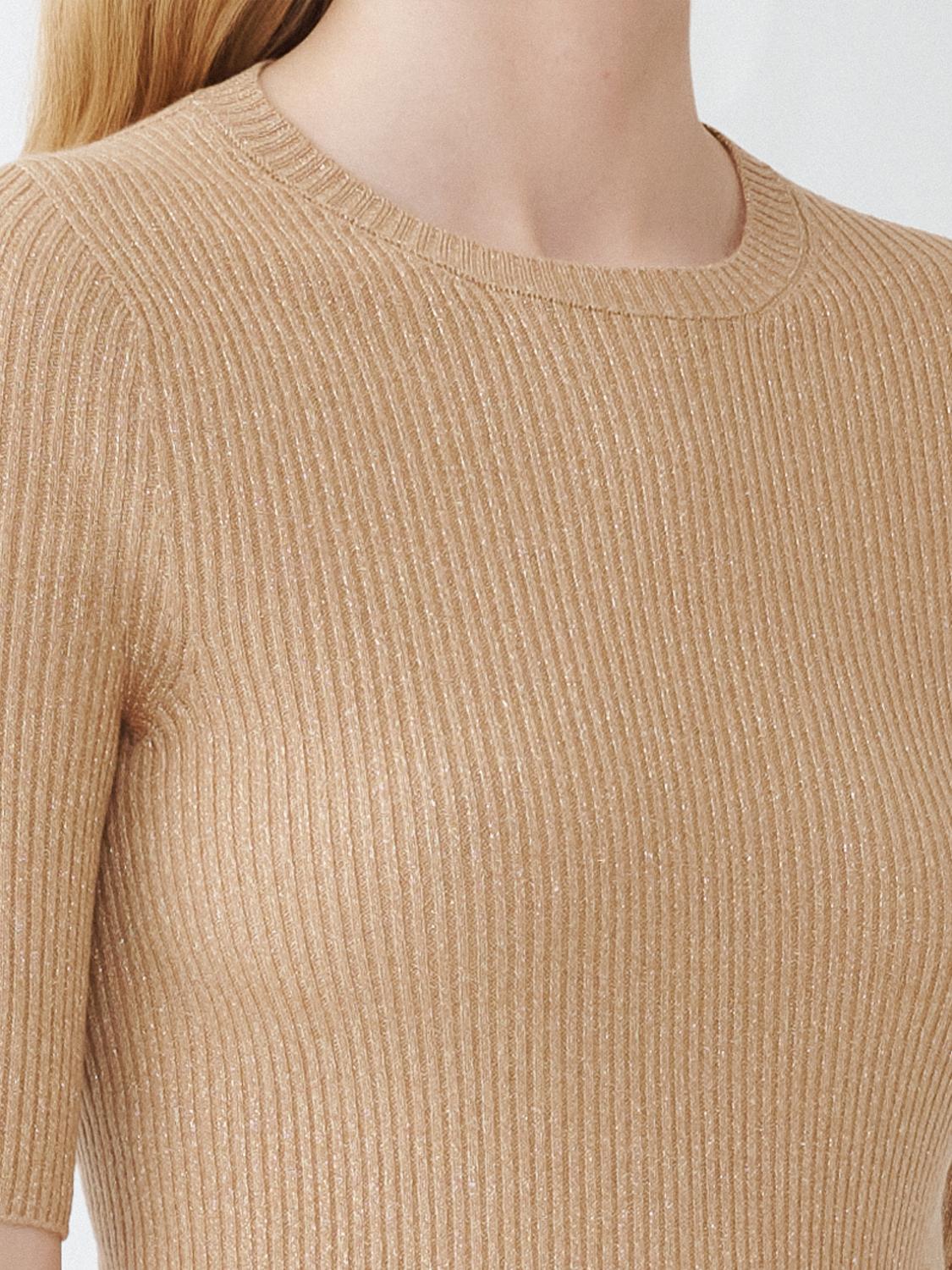 Fabiana Filippi Ribbed Crew Neck Lurex Platinum Sweater with 3/4 Sleeve - Camel