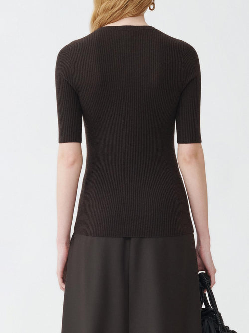 abiana Filippi Ribbed Crew Neck Lurex Platinum Sweater with 3/4 Sleeve - Brown