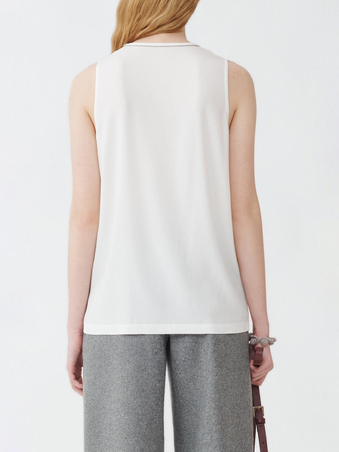 Fabiana Filippi Sablé V-Neck Top with Filo Diamante -White