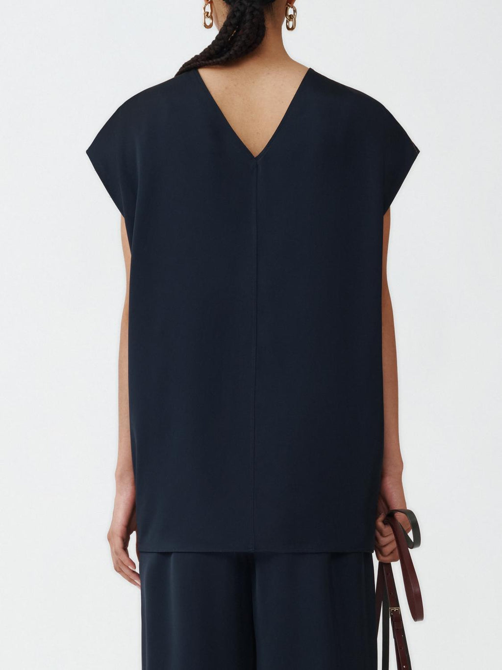Fabiana Filippi Viscose Satin Top with Back V-Neck and Filo Diamante - Blue