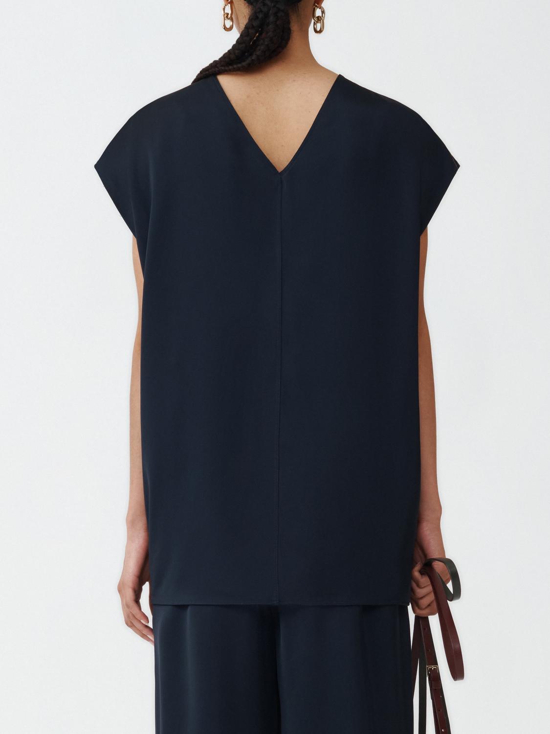 Fabiana Filippi Viscose Satin Top with Back V-Neck and Filo Diamante - Blue