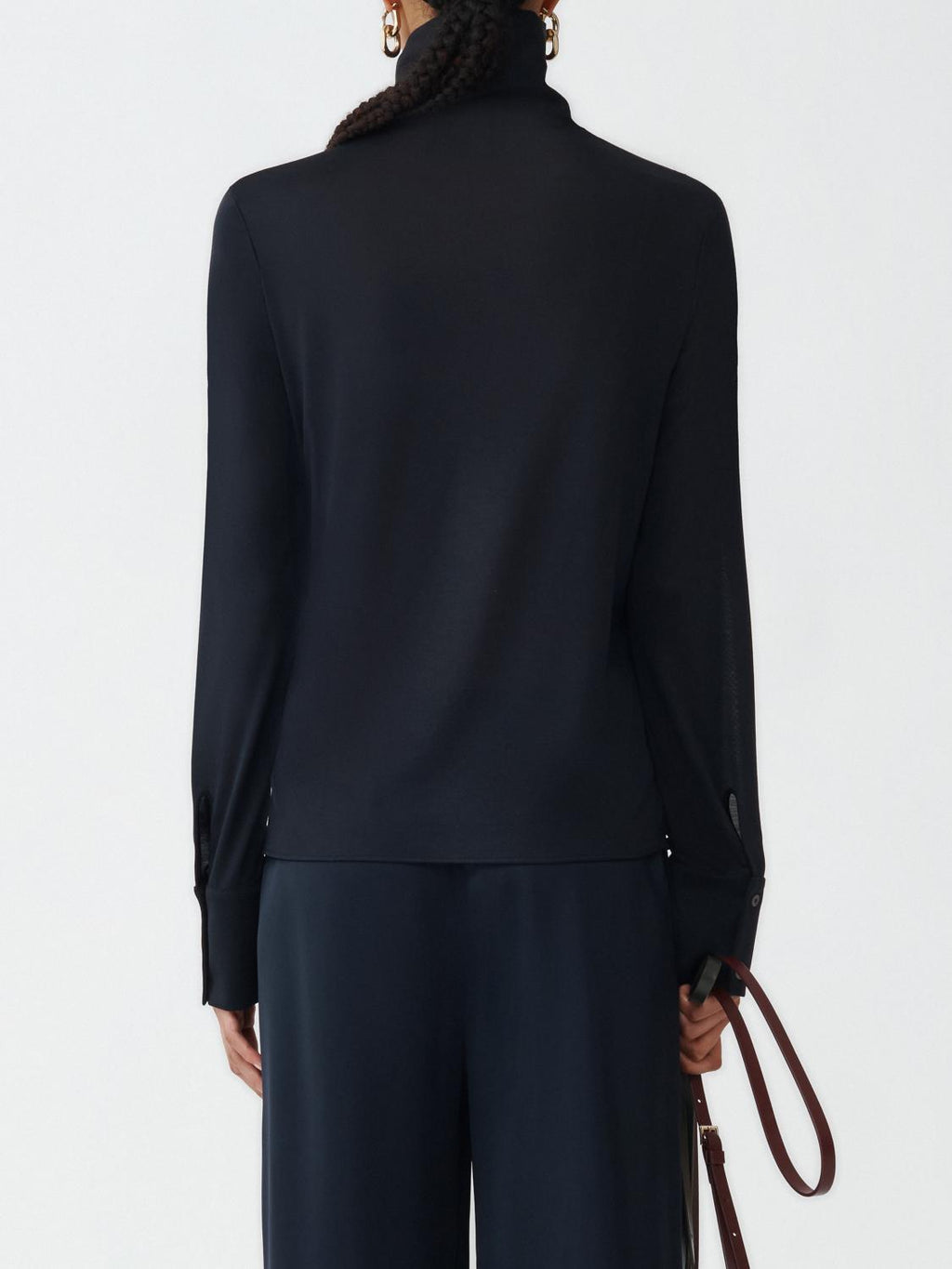 Fabiana Filippi Long Sleeve T-Shirt with Folded Collar and Shoulder Opening - Dark Blue