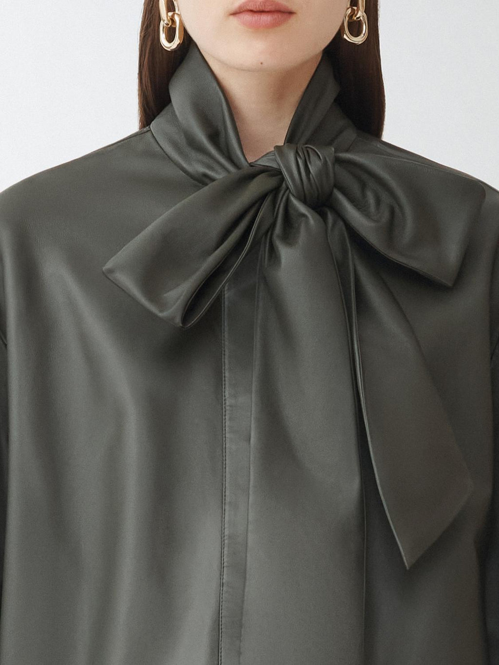 Fabiana Filippi Leather Shirt with Bow Detail on Collar - Olive Green