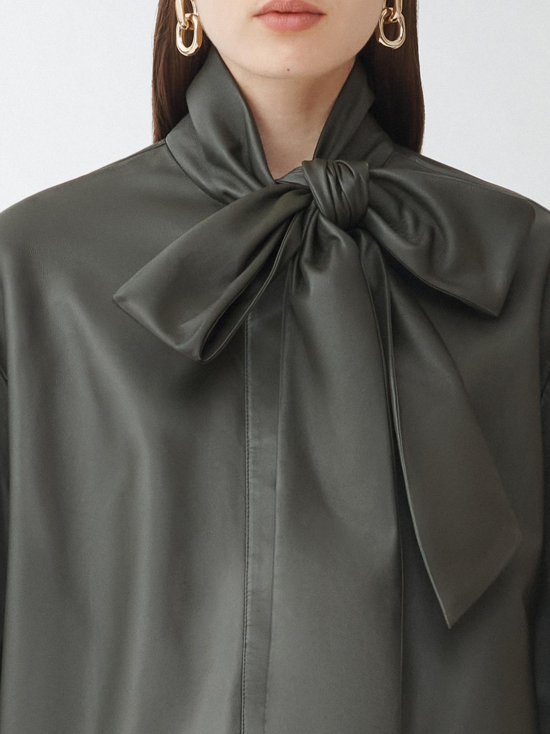 Fabiana Filippi Leather Shirt with Bow Detail on Collar - Olive Green