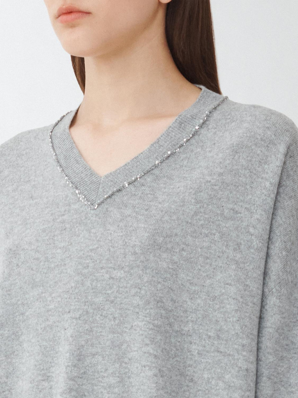Fabiana Filippi V-Neck Sweater with Sequin Trim Detail - Grey