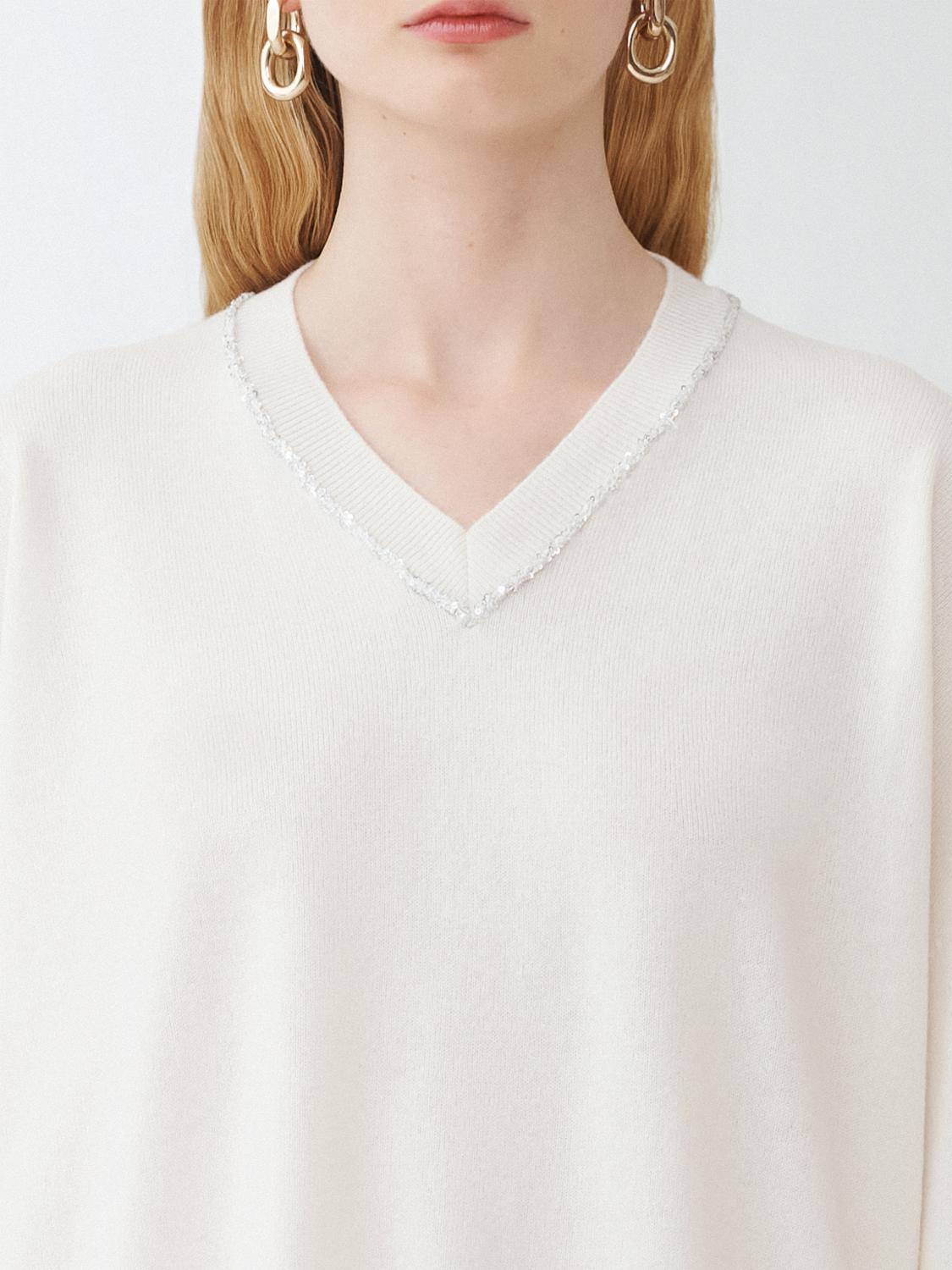 Fabiana Filippi V-Neck Sweater with Sequin Trim Detail - Cream